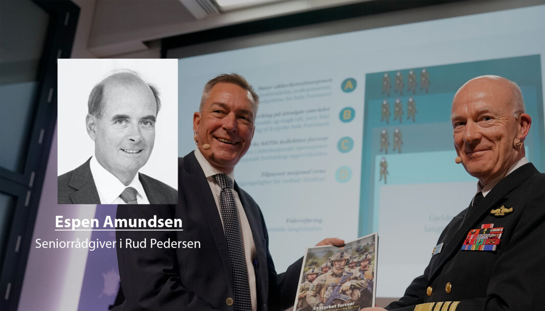 Koronakrise og fall i kronekursen vil få følger for Forsvaret, skriver Espen Amundsen. Her ser vi forsvarsminister Frank Bakke-Jensen og forsvarssjef Haakon Bruun-Hanssen under fremleggelsen av fagmilitært råd i 2019. Koronakrise og fall i kronekursen vil få følger for Forsvaret, skriver Espen Amundsen. Her ser vi forsvarsminister Frank Bakke-Jensen og forsvarssjef Haakon Bruun-Hanssen under fremleggelsen av fagmilitært råd i 2019.