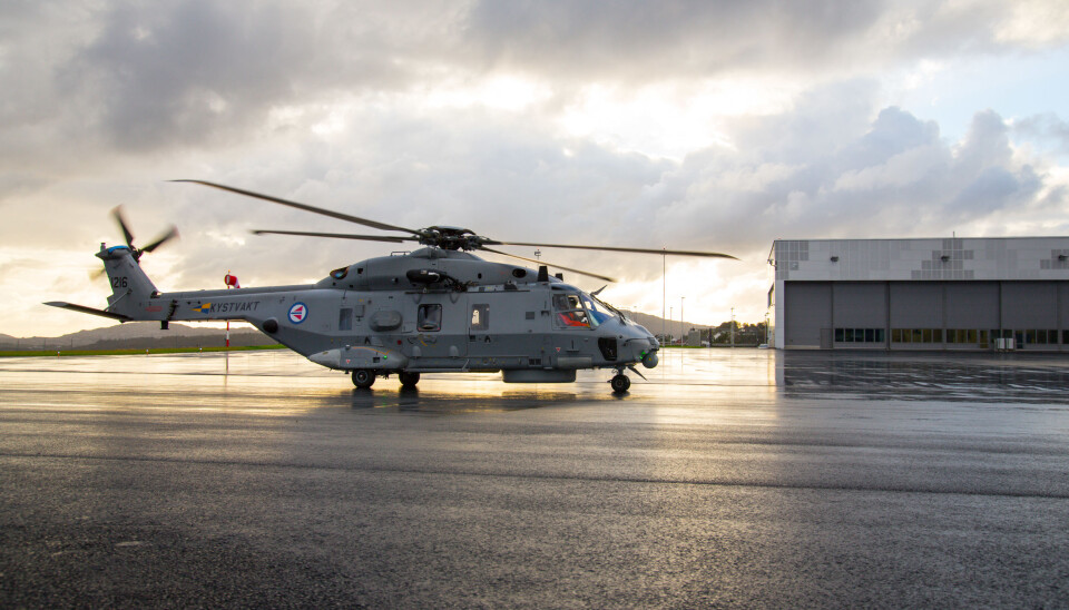 Et NH90-helikopter lander på Haakonsvern helikopterbase for første gang. Bildet er fra 2016.