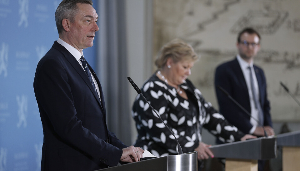 Forsvarsminister Frank Bakke-Jensen (H), statsminister Erna Solberg (H) og Barne- og familieminister Kjell-Ingolf Ropstad, i denne anledning tilstedeværende i rollen som KrF-leder.
