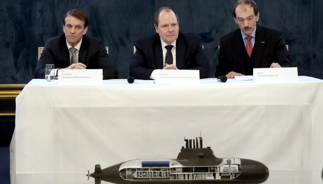 Fra undertegning av industrisamarbeid knyttet til Norges kjøp av fire ubåter. Fra.v Adm.dir Kongsberg defence systems Eirik Lie, dr. Peter Feldhaus Thyssenkrupp og dr. Rolf Wirtz Atlas. Fra undertegning av industrisamarbeid knyttet til Norges kjøp av fire ubåter. Fra.v Adm.dir Kongsberg defence systems Eirik Lie, dr. Peter Feldhaus Thyssenkrupp og dr. Rolf Wirtz Atlas.