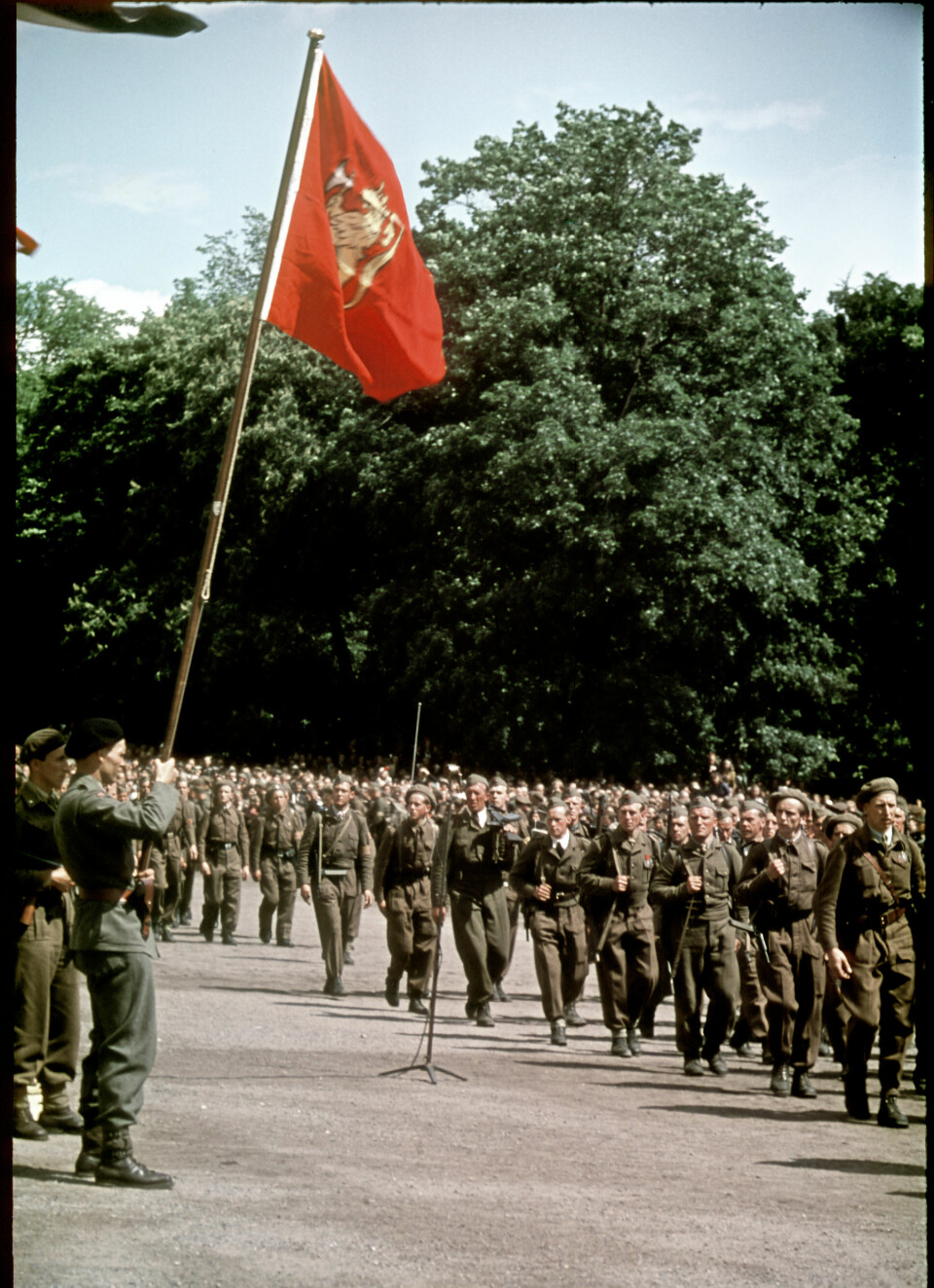 Bilder tatt av Milorg mannen Kristian Bull i juni 1945 
Parade for kong Haakon den 9 juni 1945