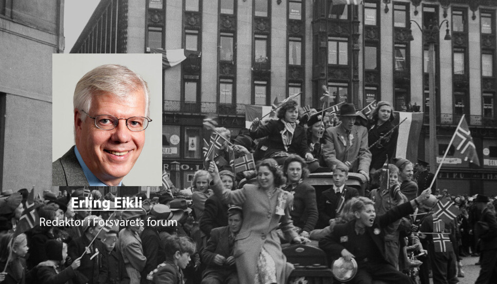 I fem år var norske aviser og kringkasting underkastet sensur., skriver redaktør i Forsvarets forum Erling Eikli. Her ser et bilde fra Frigjøringsdagen 8. mai fra Karl Johans gate i Oslo.