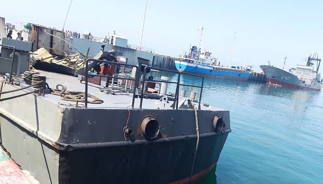 Her ser vi fartøyet Konarak som ved en feiltagelse ble truffet av et missil. Det kostet 19 mennesker livet (Iranian Army via AP) Her ser vi fartøyet Konarak som ved en feiltagelse ble truffet av et missil. Det kostet 19 mennesker livet (Iranian Army via AP)