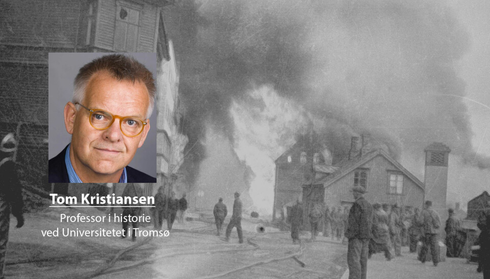 Knut Werner-Hagen forholder seg ikke seg til forskningen på en redelig måte, skriver Tom Kristiansen. Her ser vi Narvik i brann etter tysk flyangrep 1. juni 1940.