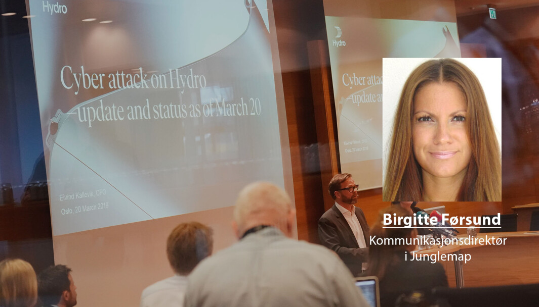 Vi ser at digitale og hybride trusler utfordrer næringslivet, skriver Birgitte Førsund. Her ser vi Hydro som holder pressekonferanse etter at de var utsatt for et dataangrep i 2019. Vi ser at digitale og hybride trusler utfordrer næringslivet, skriver Birgitte Førsund. Her ser vi Hydro som holder pressekonferanse etter at de var utsatt for et dataangrep i 2019.