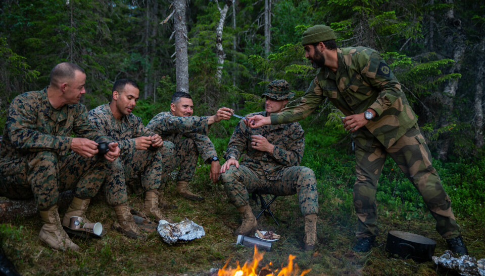 Stabssersjant i HV-12, Bachir El Hayek serverer kokt reinsdyr til U.S. Marines rotasjonsstyrkes kompaniledelse i Haltdalen i Trøndelag. Bildet er datert 23. juni.