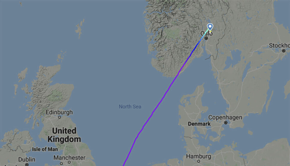 Skjermbilde av ruten til Ryanair-flyet som mottok bombetrussel på vei fra Stanstead til Gardermoen.