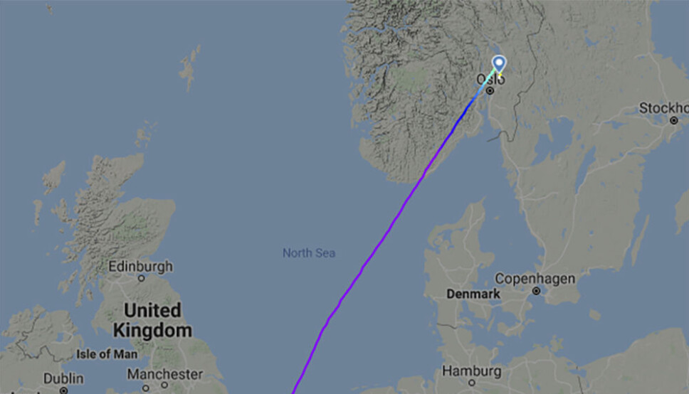 Skjermbilde av ruten til Ryanair-flyet som mottok bombetrussel på vei fra Stanstead til Gardermoen.