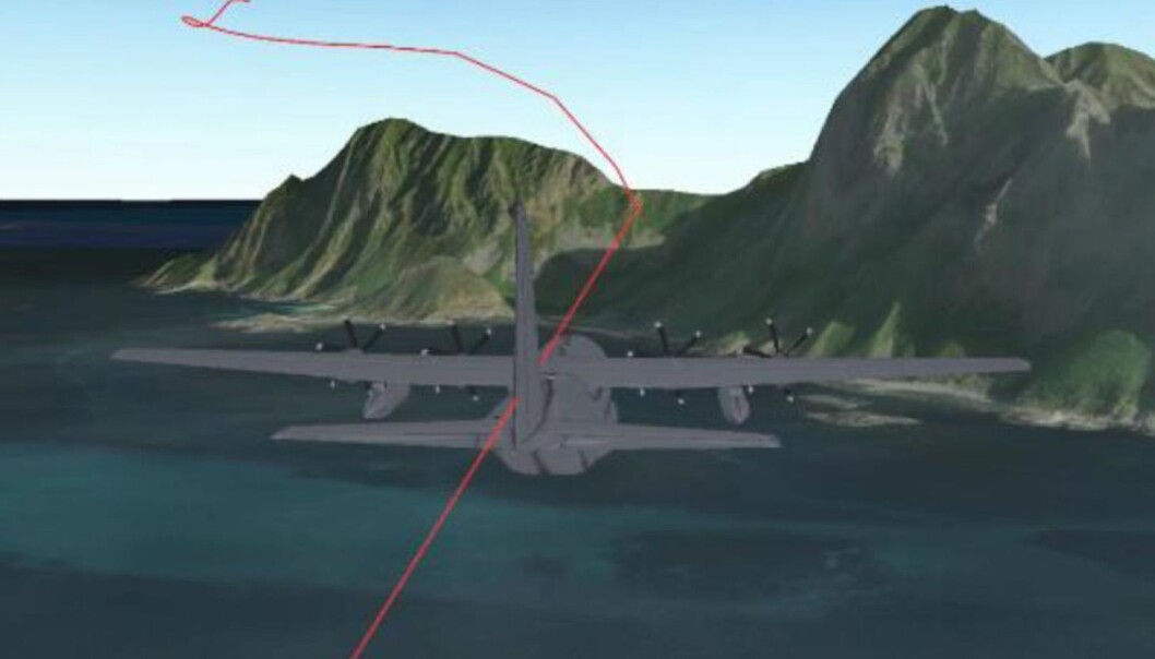 Grafikken fra rapporten viser Herkulesflyets rute der det nesten kom nær terregnet ved Mosken i Nordland. Grafikken fra rapporten viser Herkulesflyets rute der det nesten kom nær terregnet ved Mosken i Nordland.