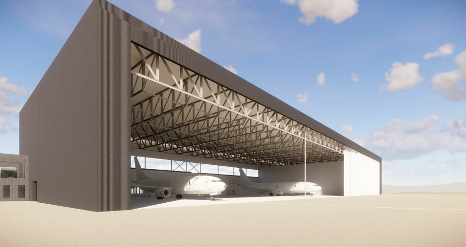 HANGAR: Stortinget vedtok i juni 2019 et prosjekt for å etablere et nytt hangarbygg på Evenes for de maritime patruljeflyene (MPA). Illustrasjon: Forsvarsbygg