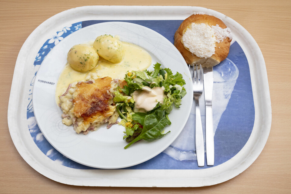 MIDDAG: Dagens middag. Ikke fiskegrateng, men skinkegrateng, faktisk. Foto: Werner Juvik