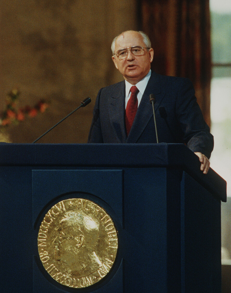 Her taler Gorbatsjov under et besøk til Norge i 1991 (Foto: Morten Hvaal/NTB Scanpix).