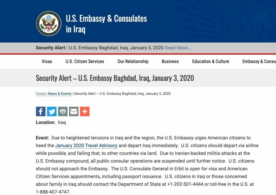 Den amerikanske ambassaden i Bagdad har lagt ut denne meldingen på sine nettsider. Skjermdump: U.S. Embassy & Consulates in Iraq