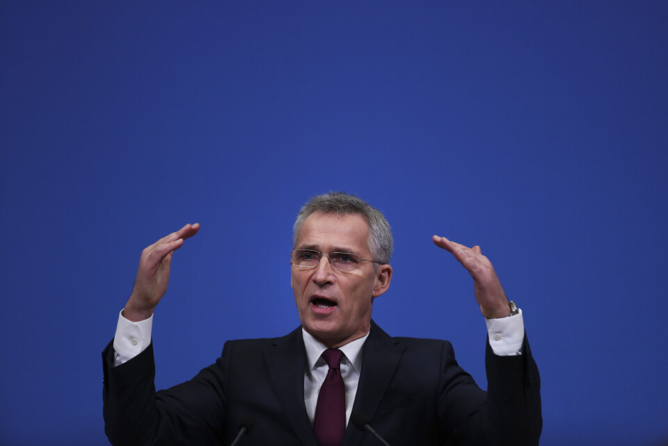 Nato-sjef Jens Stoltenberg under pressekonferansen tirsdag. Foto: AP Photo/Francisco Seco