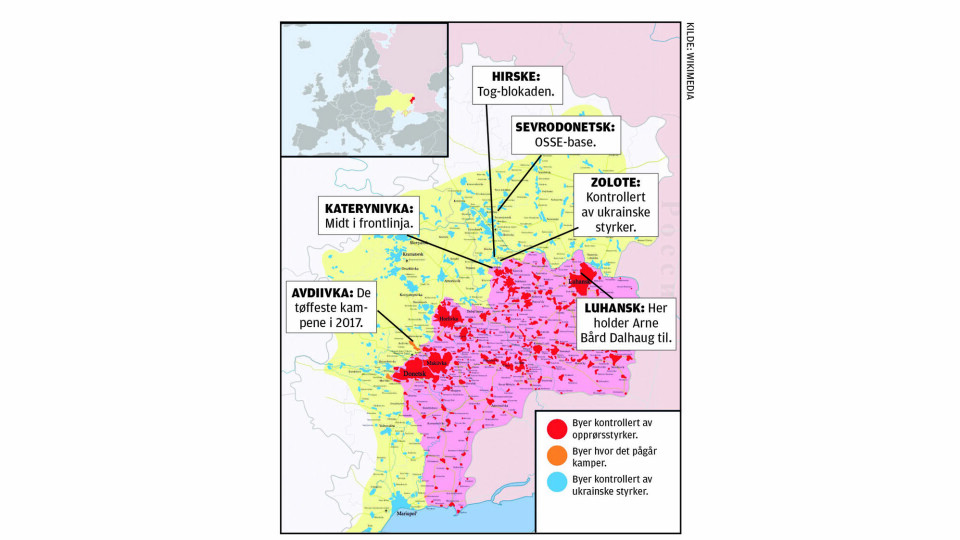 DELT I TO: Kartet viser hvordan Donetsk og Luhansk er delt i to - av en 481 kilometer lang frontlinje. Flertallet i fylkene Donetsk og Luhansk var ukrainere da krigen brøt ut (58 prosent og 57 prosent), men russere var den største minoriteten (39 prosent og 38 prosent). Men russisk er hovedspråket i begge fylkene.