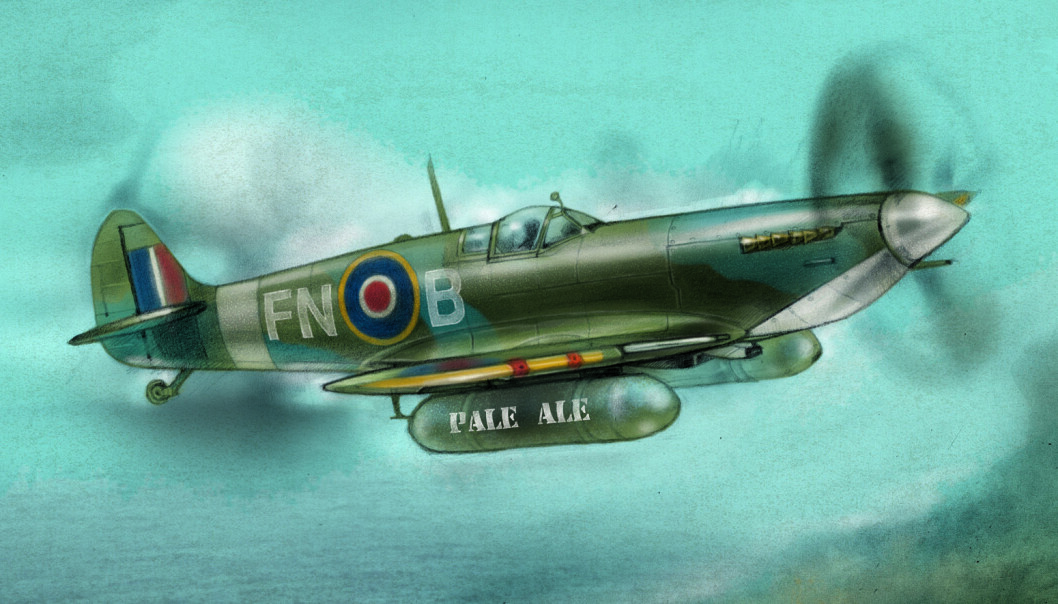 Øl på vinger: Det var ingen enorm luftbro, men Spitfire-fly transporterte likevel øl til tørste briter i Frankrike under 2. verdenskrig (tegning: Lise Halsnes). Øl på vinger: Det var ingen enorm luftbro, men Spitfire-fly transporterte likevel øl til tørste briter i Frankrike under 2. verdenskrig (tegning: Lise Halsnes).