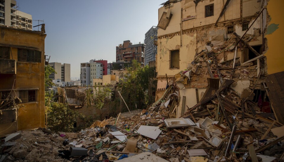 Bygninger i ruiner i et nabolag i Beirut etter forrige ukes eksplosjonsulykke.