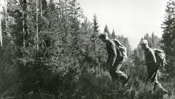 Norske flyktninger på vei over grensen til Sverige. Norske flyktninger på vei over grensen til Sverige.