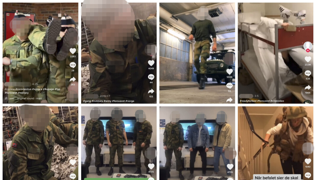 Disse bildene viser norske soldater på TikTok. Mediehuset Schibsted fraråder nå sine ansatte og i det amerikanske forsvaret er det forbud. I Norge viser Forsvaret til en generell policy for sosiale medier. Disse bildene viser norske soldater på TikTok. Mediehuset Schibsted fraråder nå sine ansatte og i det amerikanske forsvaret er det forbud. I Norge viser Forsvaret til en generell policy for sosiale medier.