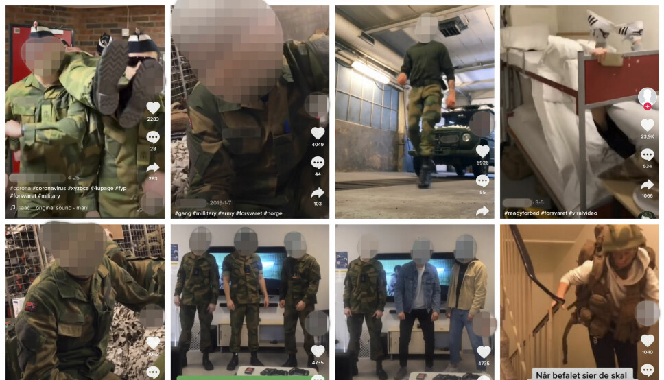 Disse bildene viser norske soldater på TikTok. Mediehuset Schibsted fraråder nå sine ansatte og i det amerikanske forsvaret er det forbud. I Norge viser Forsvaret til en generell policy for sosiale medier.
