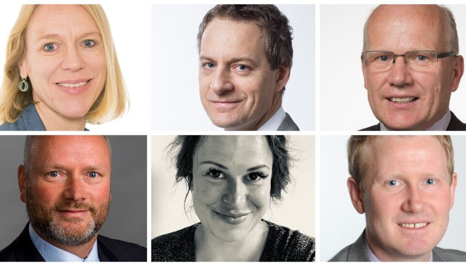 Øverst fra venstre: Anniken Huitfeldt, Karsten Friis, Hårek Elvenes, Bjørn Mobech-Hansen, Hedda Langemyr og Anders Romarheim.