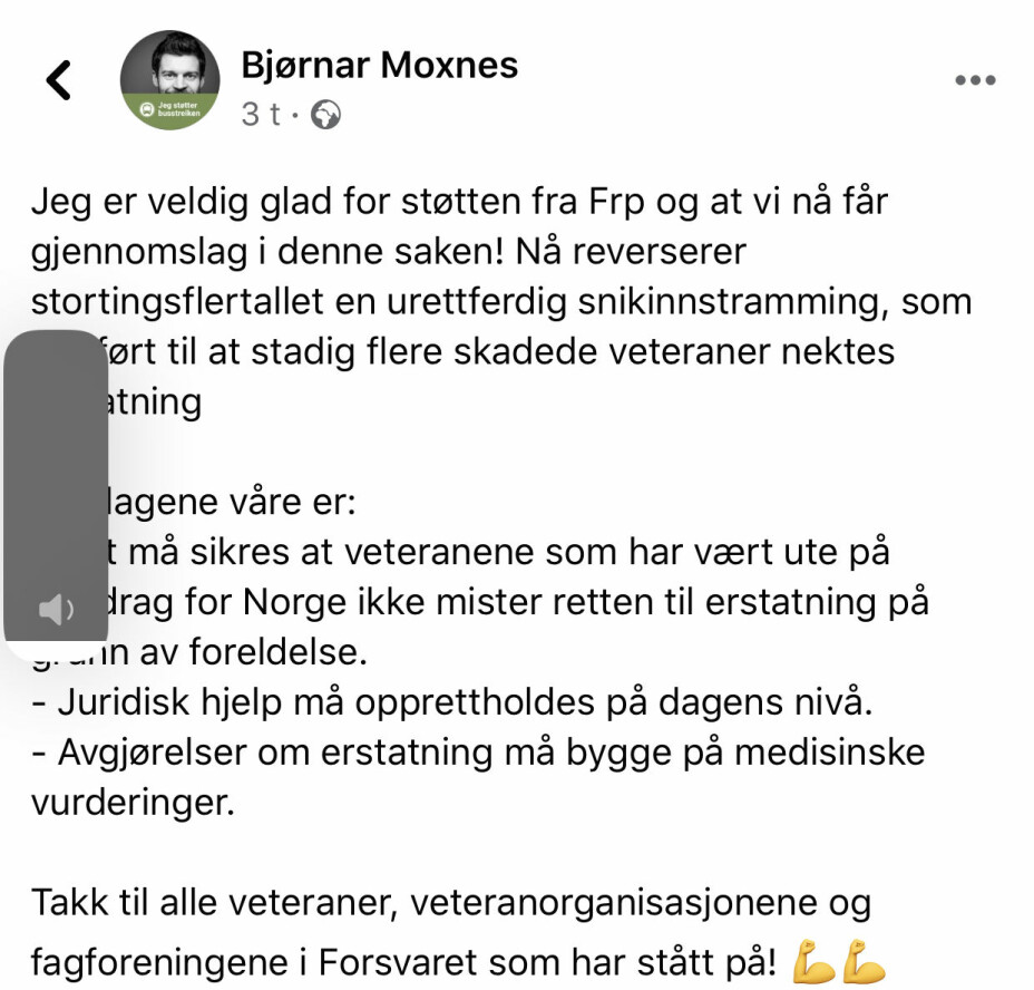Skjermdump fra Facebook-profilen til Bjørnar Moxnes.