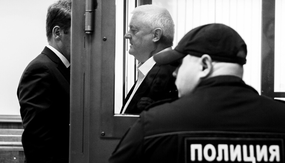 Frode Berg og hans forsvarer Ilja Novikov i byretten i Moskva da nordmannen fikk sin spionasjedom i fjor vår.