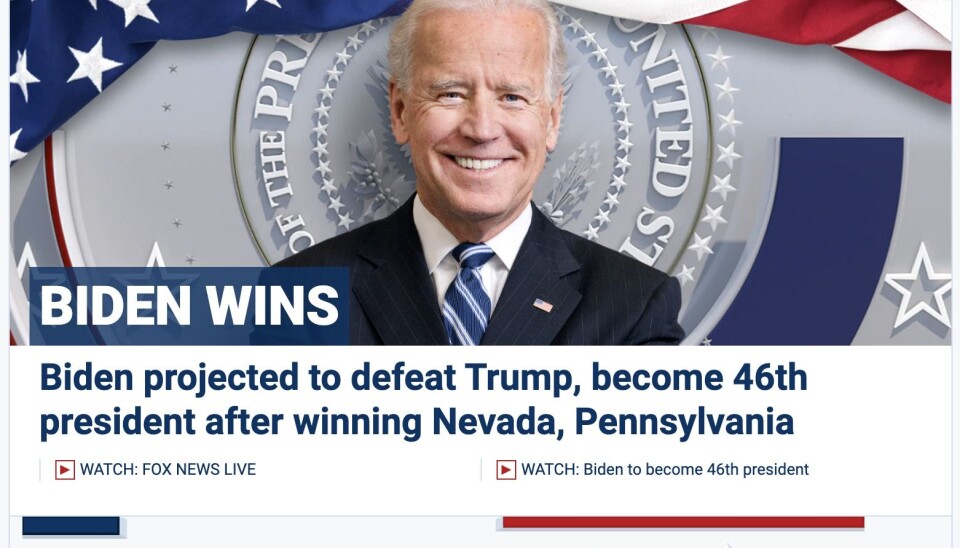 VINNER: Også Fox News erklærer demokraten Joe Biden som valgvinner.