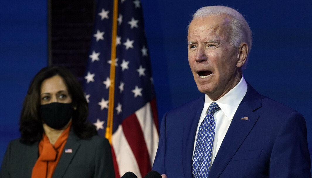 Joe Biden, som vant presidentvalget i USA i forrige uke og hans kommende visepresident Kamala Harris holdt tale i Queen theater i Wilmington mandag. Joe Biden, som vant presidentvalget i USA i forrige uke og hans kommende visepresident Kamala Harris holdt tale i Queen theater i Wilmington mandag.
