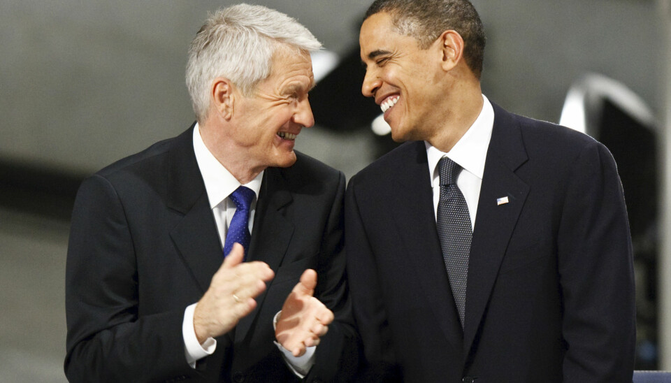 Krig er av og til nødvendig, sa Barack Obama da han mottok Nobels fredspris i 2009. Her er han samen med Nobelkomiteens daværende leder Thorbjørn Jagland under utdelingen i Oslo rådhus.