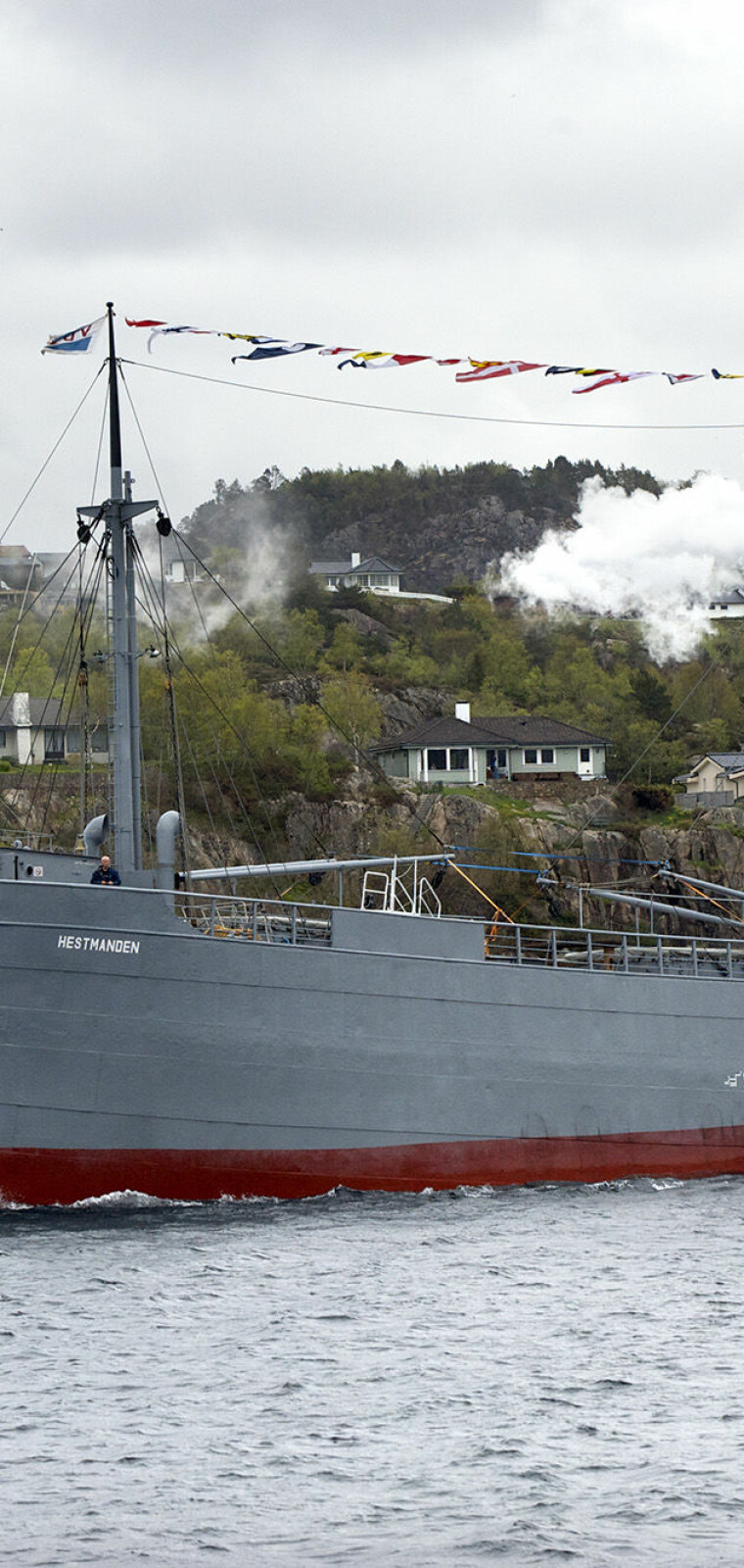 Fra en reportasje om det aller siste konvoiskipet som har seilt i to verdenskriger. DS Hestmanden seilte for Nortraship 1940-45. I dag er fartøyet et flytende museum.