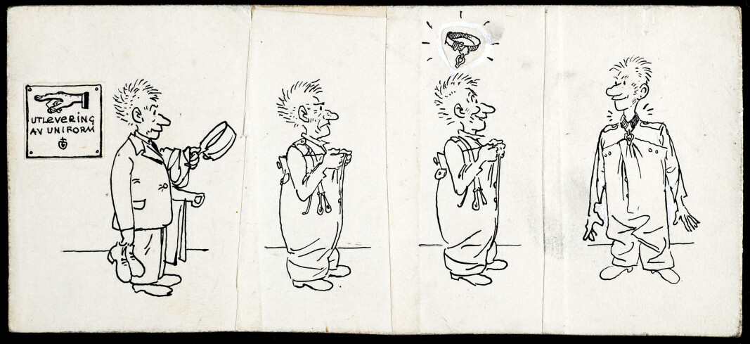 En original til Kjell Aukrust sin tegneserie N’Albert. Stripene ble et populært innslag i Mannskapsavisa. I alt tegnet Kjell 157 striper som kom på trykk både to og tre ganger. En original til Kjell Aukrust sin tegneserie N’Albert. Stripene ble et populært innslag i Mannskapsavisa. I alt tegnet Kjell 157 striper som kom på trykk både to og tre ganger.