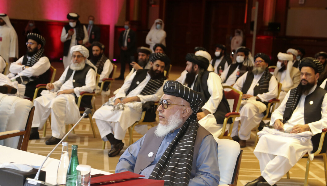 Talibans forhandlingsteam i Doha ved starten av forhandlingene 12. september. Talibans forhandlingsteam i Doha ved starten av forhandlingene 12. september.