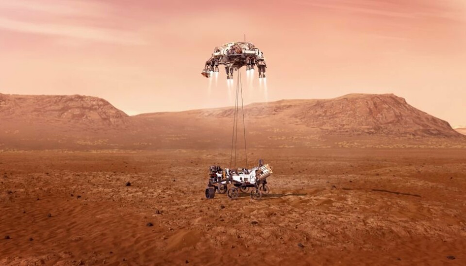 Et av de mest kritiske øyeblikket i Mars2020 ekspedisjonen er når det ett tonn tunge Mars-kjøretøyet skal fires ned på overflaten fra landingsfartøyet, skriver FFI i pressemeldingen.