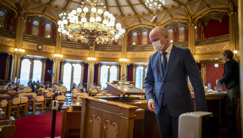 Sp-leder Trygve Slagsvold Vedum under muntlig spørretime på Stortinget.