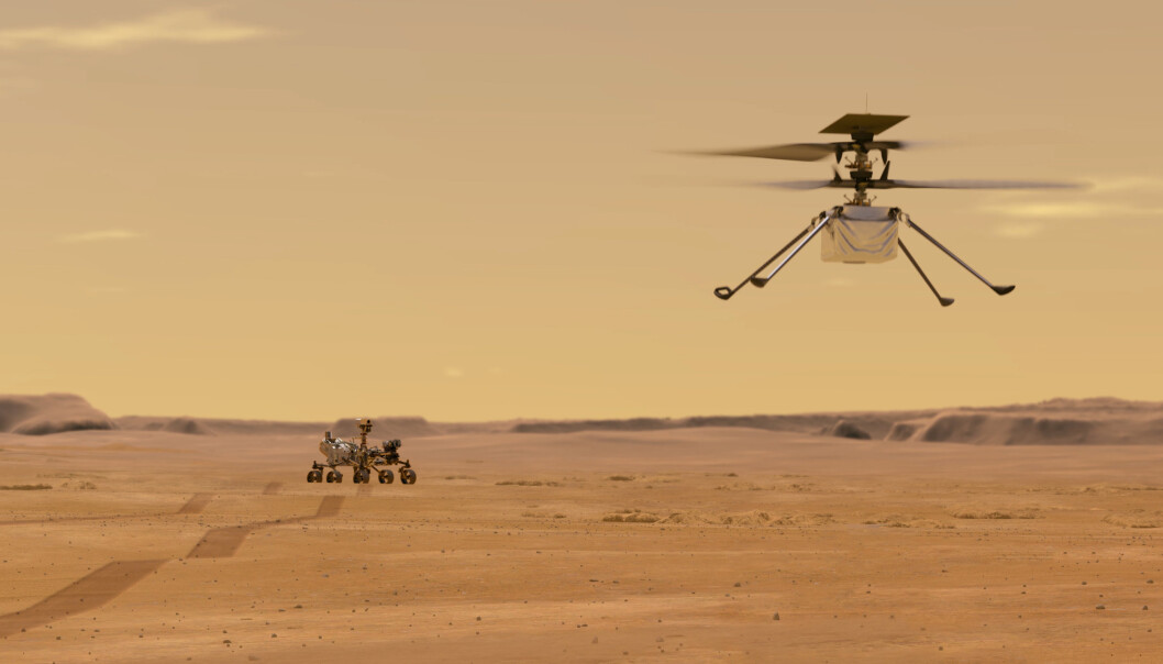 Denne illustrasjonen fra Nasa viser Ingenuity helikopteret på Mars etter at det har tatt av fra Nasas robotkjøretøy Perseverance. Denne illustrasjonen fra Nasa viser Ingenuity helikopteret på Mars etter at det har tatt av fra Nasas robotkjøretøy Perseverance.