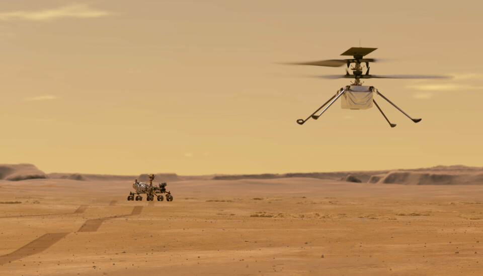 Denne illustrasjonen fra Nasa viser Ingenuity helikopteret på Mars etter at det har tatt av fra Nasas robotkjøretøy Perseverance.
