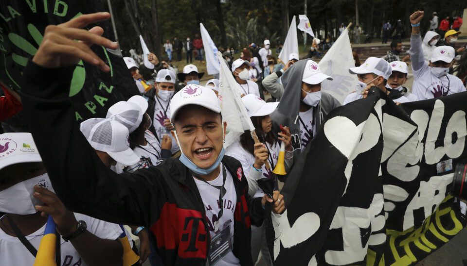 Ofrene som Colombias regjeringsstyrker likviderte var sivile, men ble framstilt som soldater av Farc-geriljaen. Dette bildet er fra en demonstrasjon i Colombia i 2016.