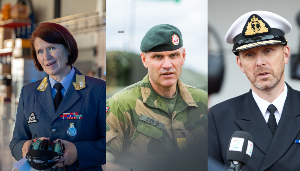 GRENENE: Sjefen for Luftforsvaret: generalmajor Tonje Skinnarland, sjefen for Hæren: generalmajor Lars Lervik og sjefen for Sjøforsvaret: kontreadmiral Rune Andersen