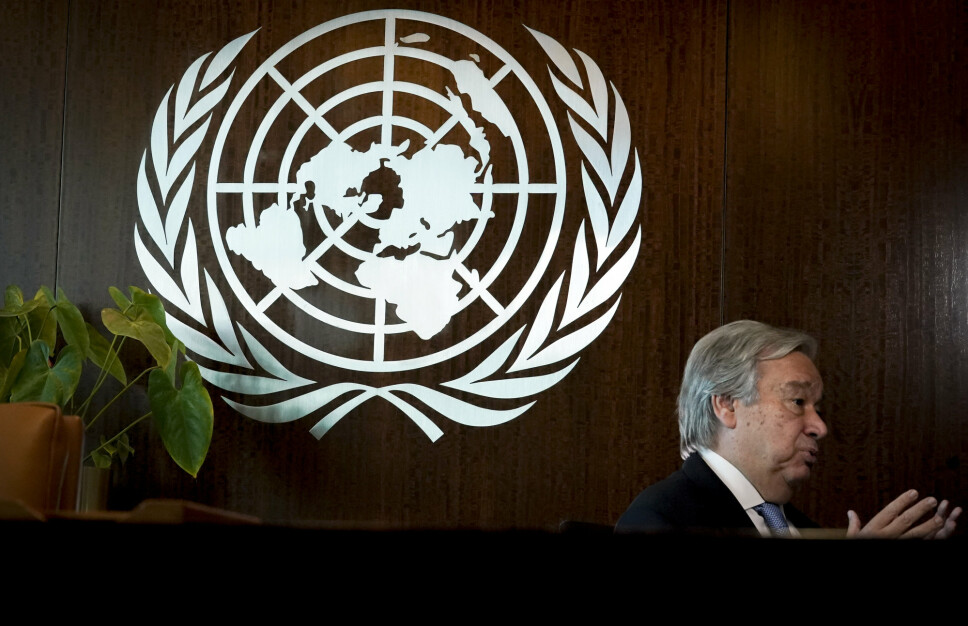 MANNSDOMINERT TOPPJOBB: FNs generalsekretær António Guterres fotografert under et intervju i FN-hovedkvarteret i New York i oktober 2020. Han stiller som kandidat til en ny periode som generalsekretær i verdensorganisasjonen.