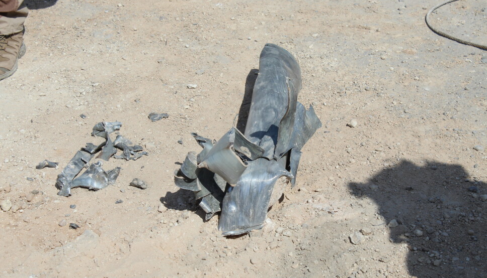 EKSPLODERTE: Restene av en av rakettene som traff al-Asad-leiren i Irak onsdag 3. mars.
