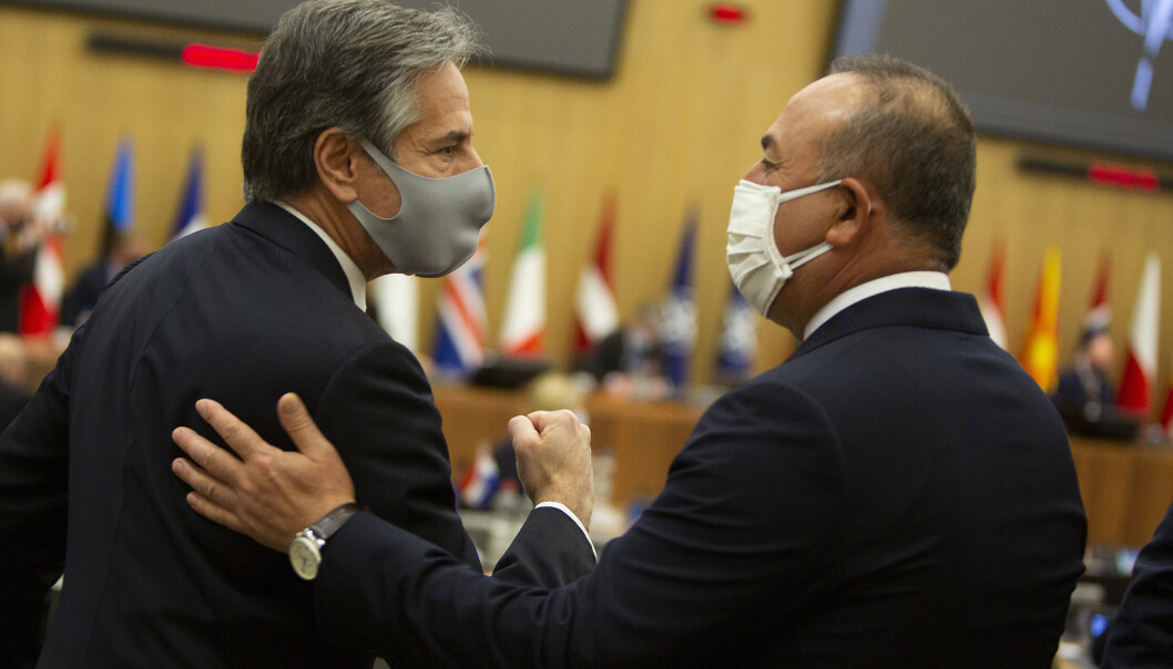 USAs utenriksminister Antony Blinken og Tyrkias Mevlut Cavusoglu på Nato-toppmøtet i Brussel. USAs utenriksminister Antony Blinken og Tyrkias Mevlut Cavusoglu på Nato-toppmøtet i Brussel.