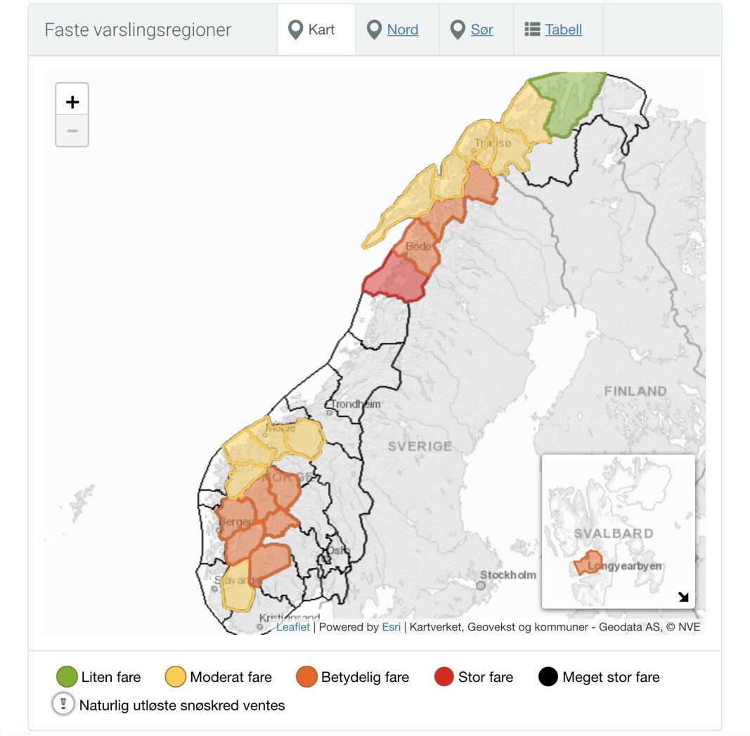 Slik ser snøskredvarselet ut tirsdag. De oransje feltene markerer betydelig fare, mens de gule feltene markerer moderat fare for snøskred. Slik ser snøskredvarselet ut tirsdag. De oransje feltene markerer betydelig fare, mens de gule feltene markerer moderat fare for snøskred.