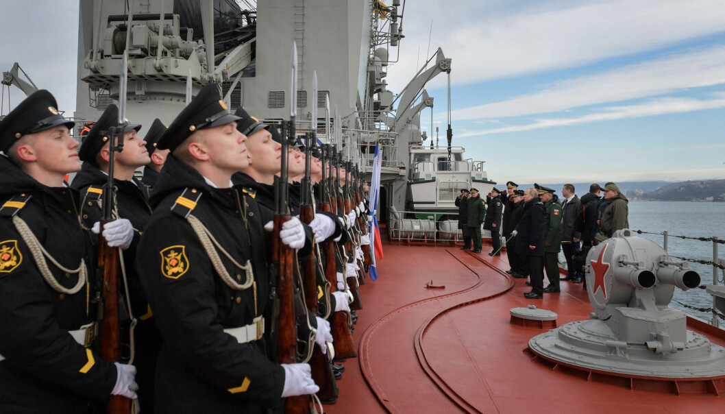 Russlands president Vladimir Putin besøker en øvelse med Nordflåten og Svartehavsflåten om bord i marinefartøyet «Marskalk Ustinov» i Sevastopol havn på Krim 9. januar 2020. Russlands president Vladimir Putin besøker en øvelse med Nordflåten og Svartehavsflåten om bord i marinefartøyet «Marskalk Ustinov» i Sevastopol havn på Krim 9. januar 2020.
