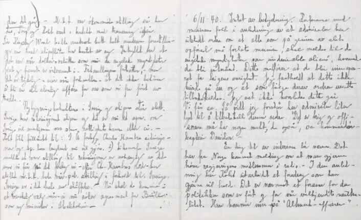 DAGBOK: Dette skrev justisminister Terje Wold 6. november 1940. DAGBOK: Dette skrev justisminister Terje Wold 6. november 1940.