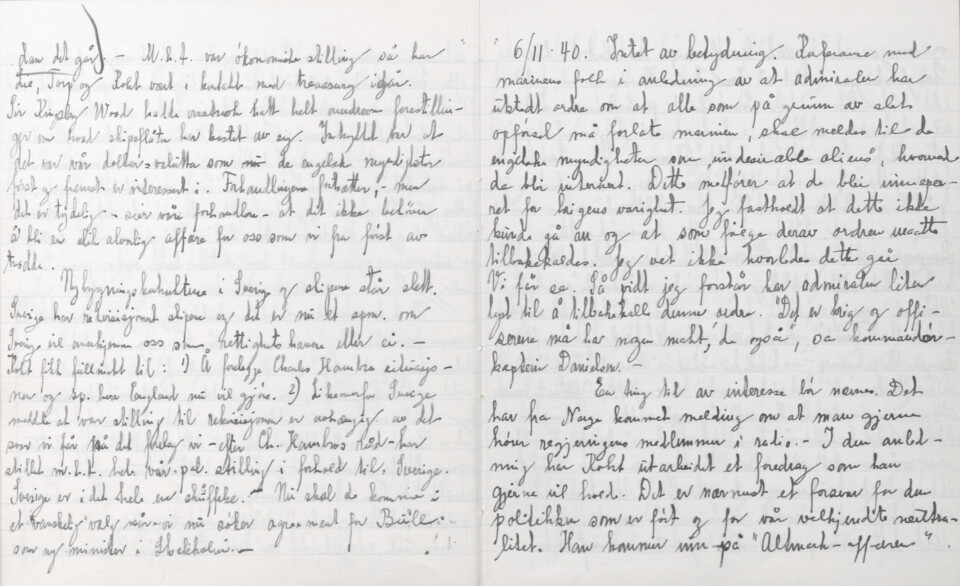 DAGBOK: Dette skrev justisminister Terje Wold 6. november 1940.