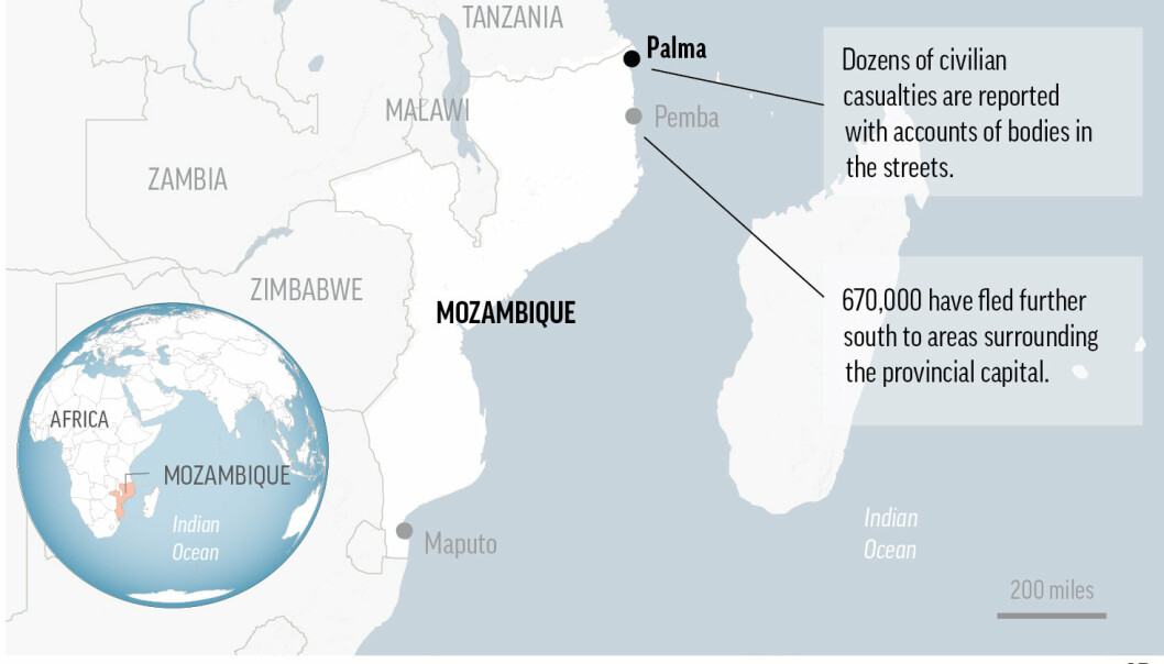 Kartet viser hvor byen Palma i Mosambik ligger. I slutten av mars startet ytterliggående islamister et angrep på byen.