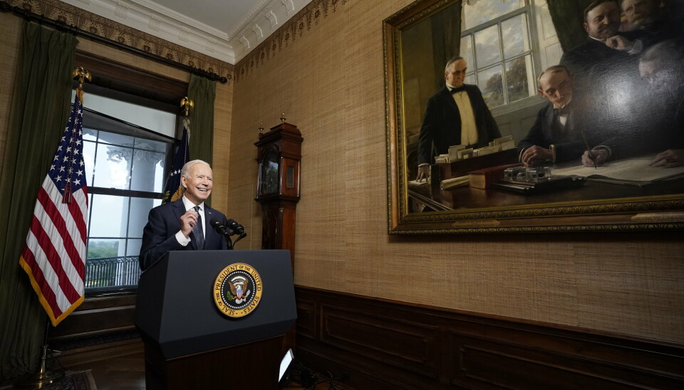UTTREKKING: Joe Biden taler til folket fra rommet kjent som Treaty Room i Det hvite hus, samme talerstol George W. Bush sto ved da han kunngjorde angrepet mot Afghanistan i 2001.
