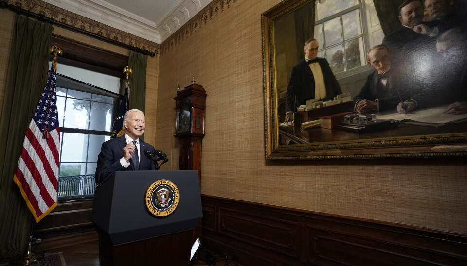UTTREKKING: Joe Biden taler til folket fra rommet kjent som Treaty Room i Det hvite hus, samme talerstol George W. Bush sto ved da han kunngjorde angrepet mot Afghanistan i 2001.