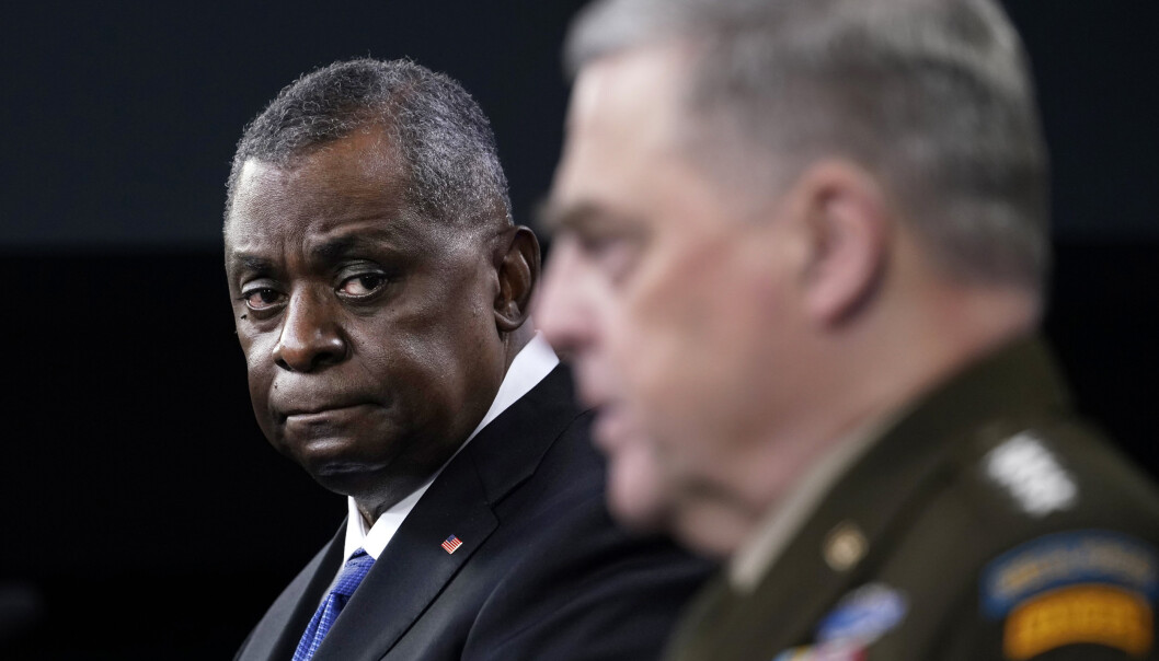 FORSVARSMINISTER: USAs forsvarsminister Lloyd Austin og forsvarssjef, general Mark Milley på en pressekonferanse i Pentagon. FORSVARSMINISTER: USAs forsvarsminister Lloyd Austin og forsvarssjef, general Mark Milley på en pressekonferanse i Pentagon.